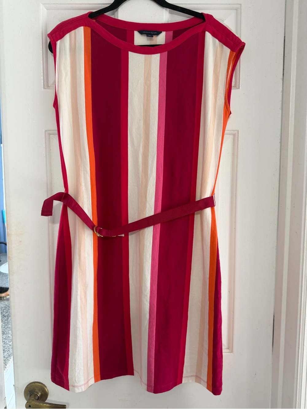Tommy Hilfiger Pink Red Orange White Striped Belted Dress